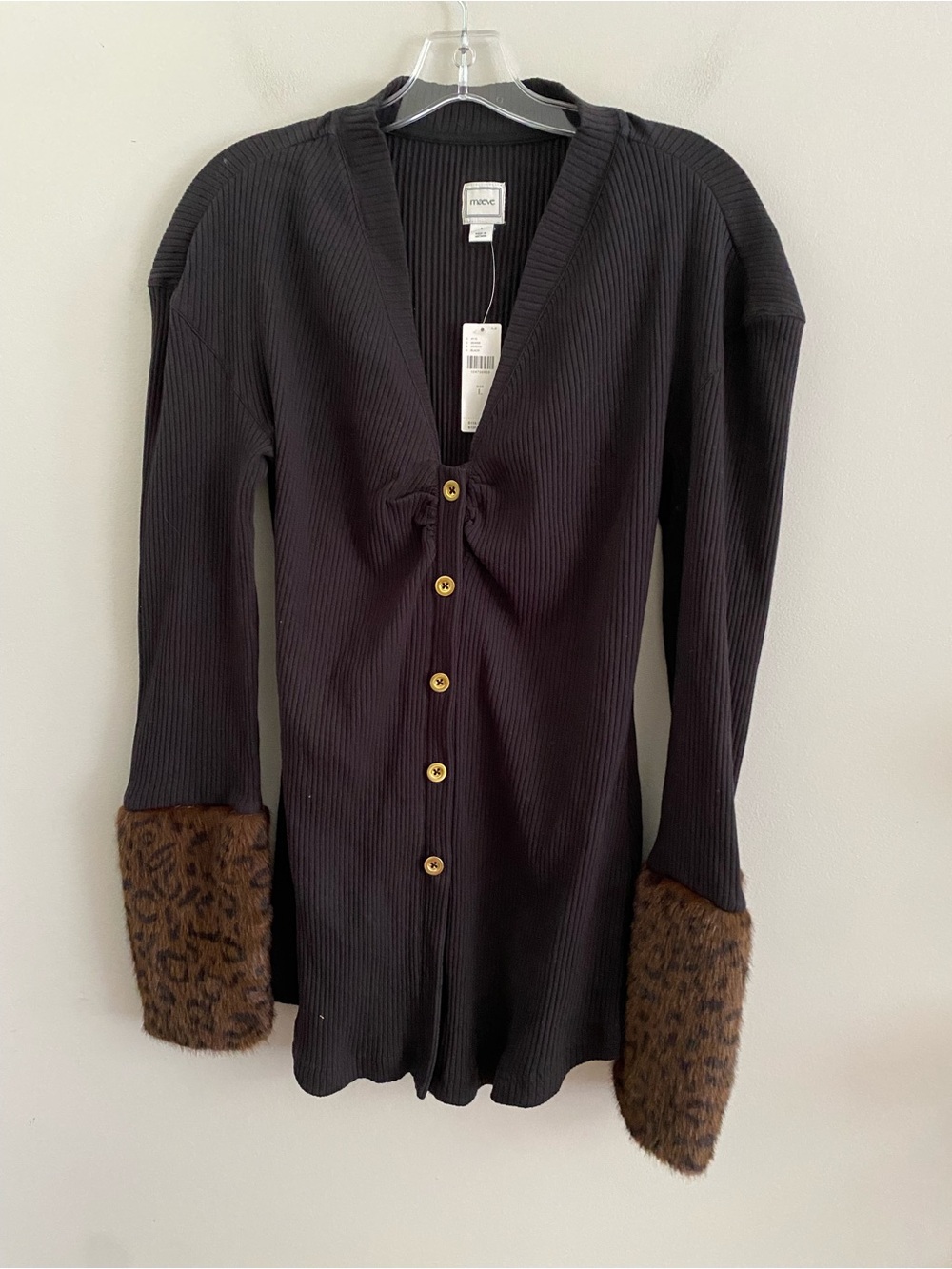 Anthropologie Maeve Faux Fur Cuff Button-Front Knit Top size L BLACK nwt